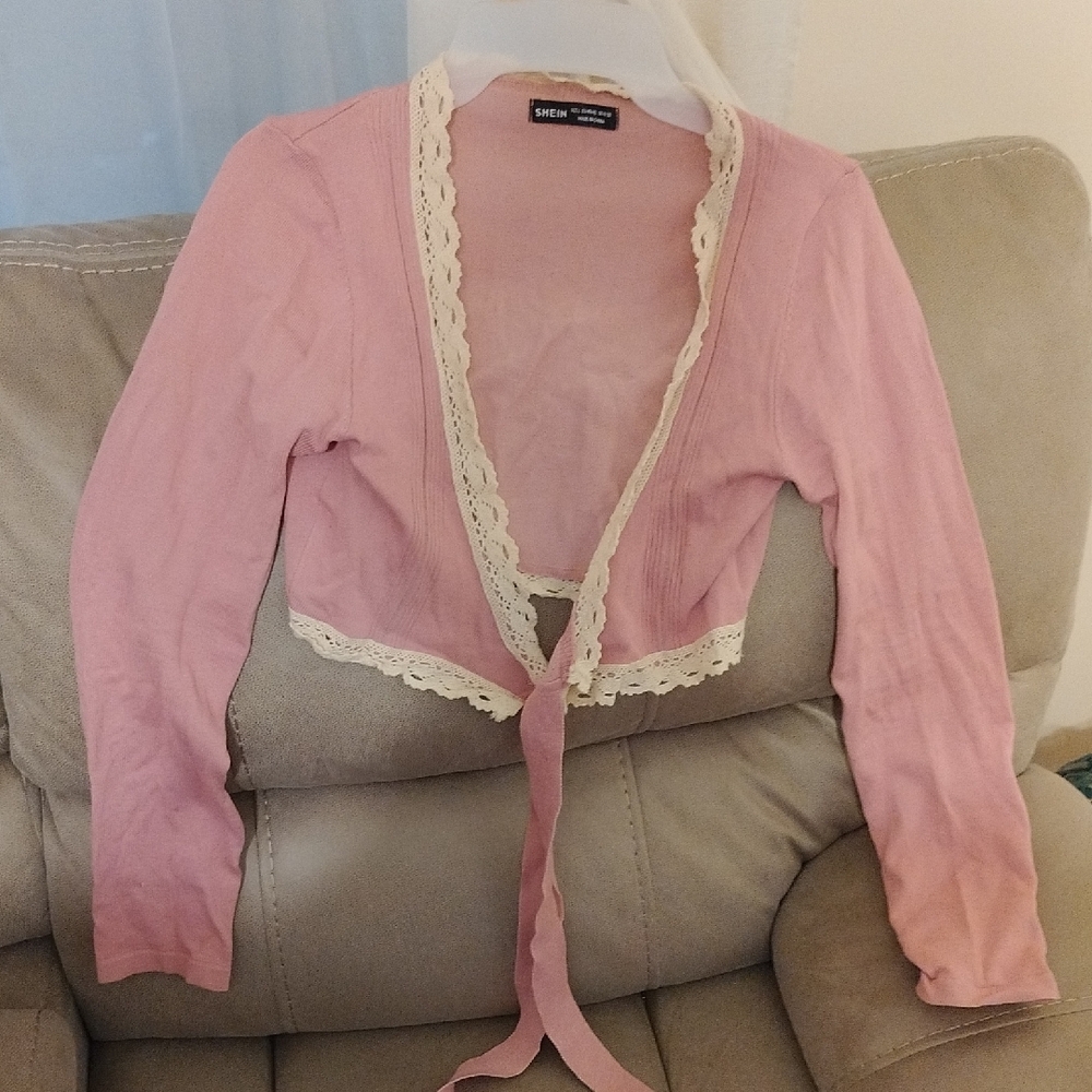 Pink Cardigan with Lace Trim
